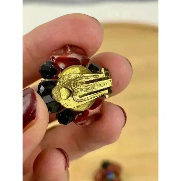 VTG Brown Black  Beaded Cluster Clip On Earrings Brass Germany 1960s - Picture 11 of 12